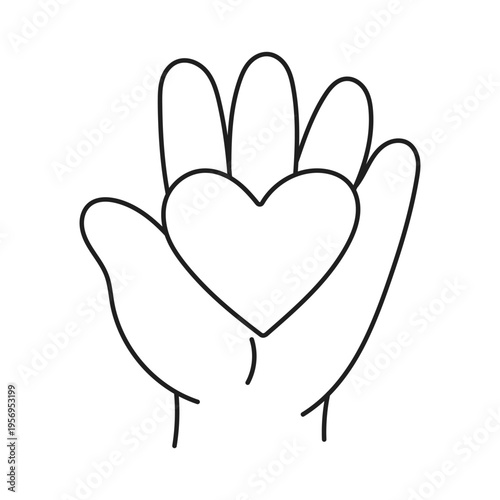 Hand drawn doodle of hand holding heart. Minimalist line art vector illustration isolated on white. Concept of love, care and emotional support.