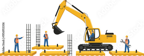 Construction workers and excavator illustration on building site, heavy machinery operating with engineers and labor team, industrial engineering concept with foundation work and equipment