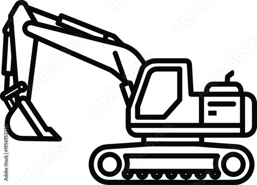 Excavator line icon illustration isolated on gray background, construction machinery outline symbol, heavy equipment graphic for engineering, building, industrial, and earthmoving design concepts