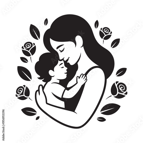 A tender moment a mother lovingly cradles her baby surrounded by delicate rose blossoms and foliage