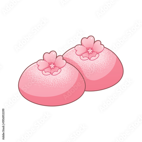Asian sweet motti with sakura. Pink rice cakes, Japanese desserts on white background