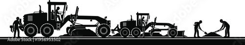 Road construction silhouette with graders and workers leveling asphalt, heavy machinery and labor team shaping roadway, industrial engineering infrastructure development and maintenance concept 