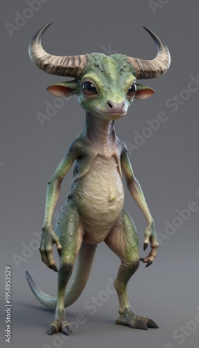 Cute green horned creature standing upright with large eyes and textured skin against neutral studio background