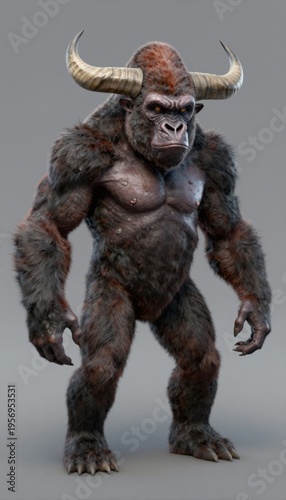 Bull-headed Gorilla Monster Creature Standing Threateningly With Horns Muscular Body Dark Fur Studio Lighting