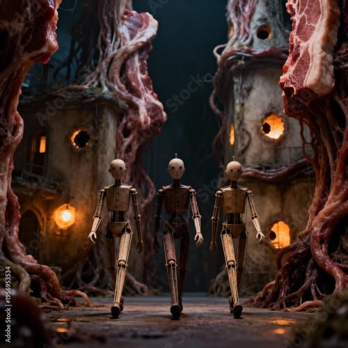 Three mechanical figures walk through surreal meat-laden biome with glowing windows and twisted organic architecture