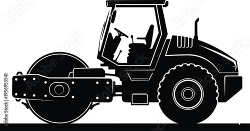 Road roller silhouette illustration isolated on gray background, construction compactor machine icon, heavy equipment vehicle for roadwork, asphalt paving, engineering and infrastructure development 