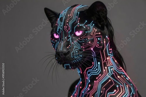 Neon Circuit-Patterned Black Panther Portrait with Glowing Eyes, Futuristic Cybernetic Animal Design