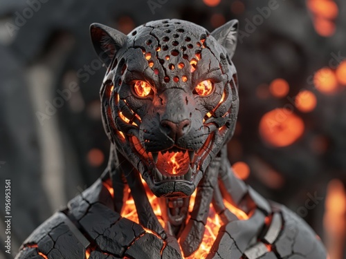 Fiery Panther Head Sculpture With Glowing Eyes And Molten Interior, Dark Stone Texture, Dramatic Lighting