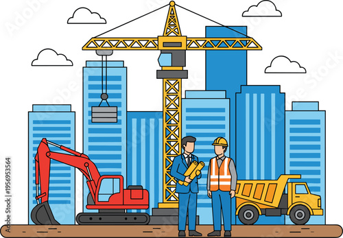 Urban construction site illustration with crane, excavator and engineers discussing blueprint, modern city building development, heavy machinery and infrastructure engineering project concept