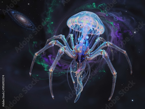 Bioluminescent cosmic jellyfish spider floating through nebula galaxy space with glowing tendrils and starfield background