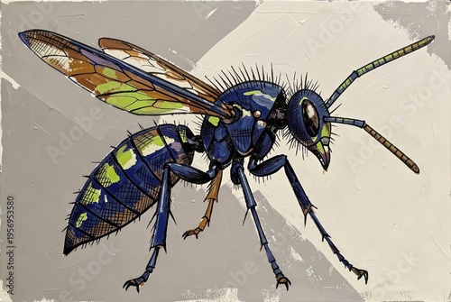 Vibrant Blue & Green Wasp Illustration With Detailed Wings And Spiny Legs On Neutral Background