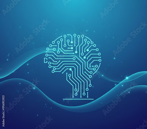 Vector illustration of a human head with a blue circuit brain and a light tree symbol representing a medical technology idea for the mind and world