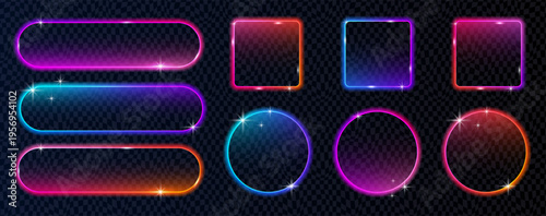 Stylish neon outlines and labels with bright glow effects. Neon call to action set for modern UI and digital design.