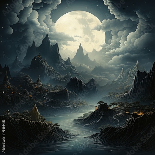 Mystical Mountain Landscape Under a Full Moon A Fantasy World of Adventure and Wonder