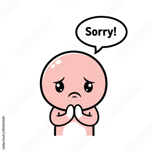Cute Cartoon Character Says Sorry with Folded Hands and Sad Eyes