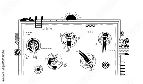 Top view swimming pool party with women and drinks black and white vector illustration modern minimal summer concept