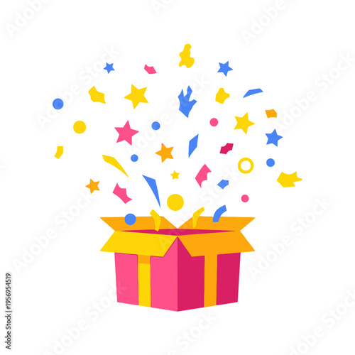 Surprise Gift Box Exploding With Colorful Confetti and Stars