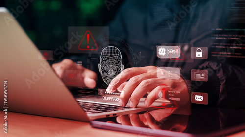 Cybersecurity professional analyzing AI deepfake detection system with facial recognition scan, fraud warning alerts, and digital identity protection interface on laptop.