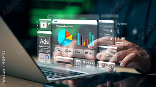 Digital marketing analytics dashboard with ads performance, charts, and AI interface, representing data analysis, business insights, and online advertising optimization.