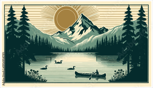 Serene mountain lake scene with canoes and sunset