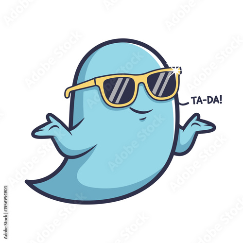 Cool Blue Ghost Character Wearing Sunglasses, Ta-da Pose