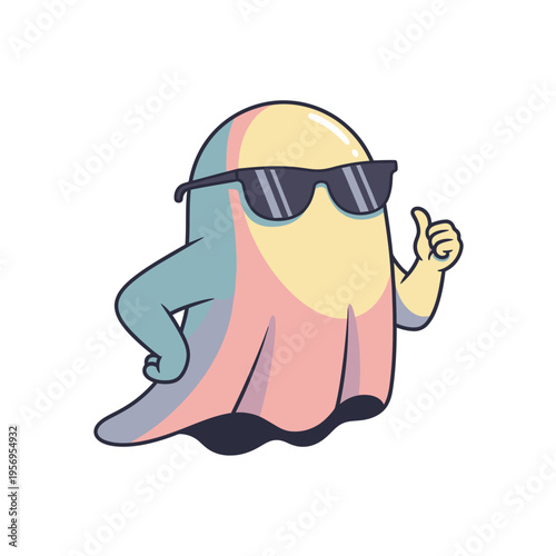 Cool Ghost Character Thumbs Up with Sunglasses, Fun Cartoon Style