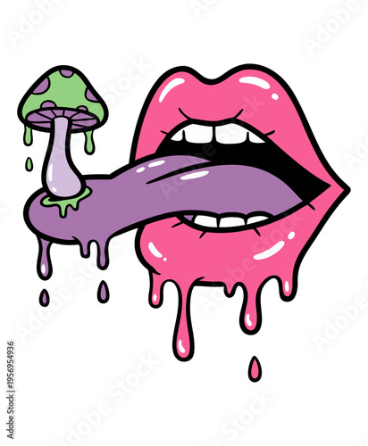 A stylized psychedelic illustration of dripping lips and a psychedelic mushroom