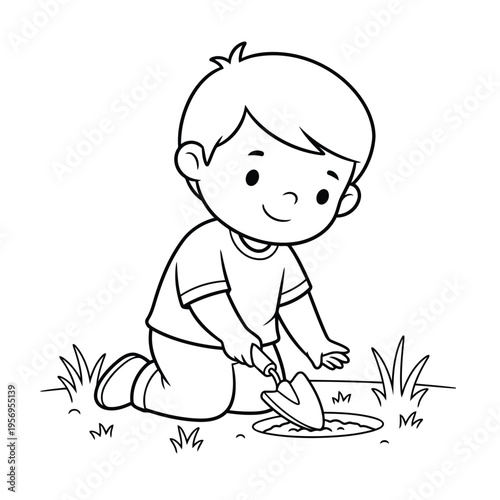 A young boy kneeling on the ground with a shovel in a hole in the grass outside
