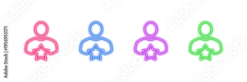 Neon glowing user favorite vector icons set, star person, premium account, top client, glowing avatar, rating customer, colorful digital design illustration on transparent background.