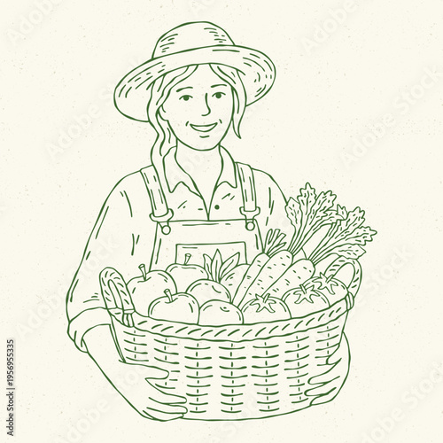 Hand drawn vector illustration of a farmer holding a basket of fresh vegetables. Minimal monochrome line art. Perfect for farmers market, farm life, organic food, and grocery designs