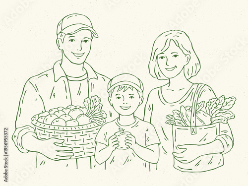 Hand drawn vector of a family shopping with fresh produce at a farmers market. Minimal monochrome line art. Ideal for farmers market, grocery, and organic food projects