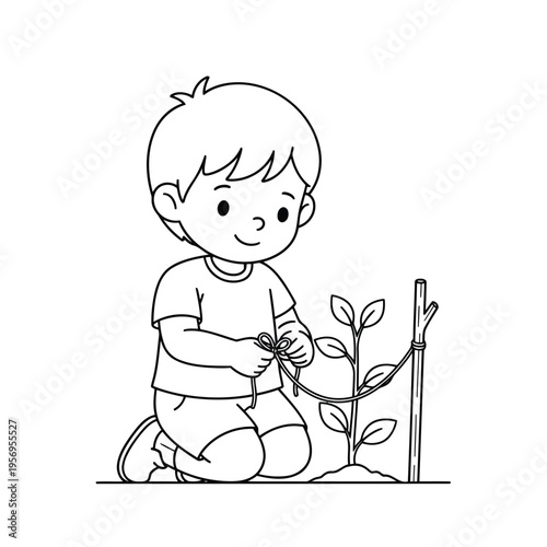 A young boy kneeling and smiling while watering a small plant with a watering can