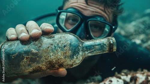 A diver underwater holds an old, barnacle-covered bottle. The diver wears a mask and the bottle is close to the camera. AI.