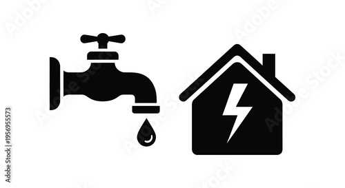 Water tap and house with lightning bolt a stark silhouette