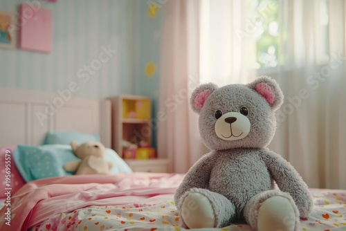 A gray toy bear sits on a bed with a heart pattern blanket. A window and bed with pillows are in the background. AI.