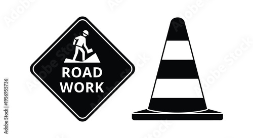 Road work sign and traffic cone presented as a striking silhouette