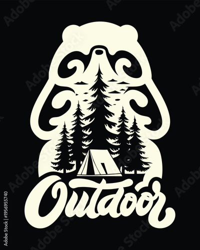 Outdoor typography design featuring bear head silhouette with forest camping scene and pine trees