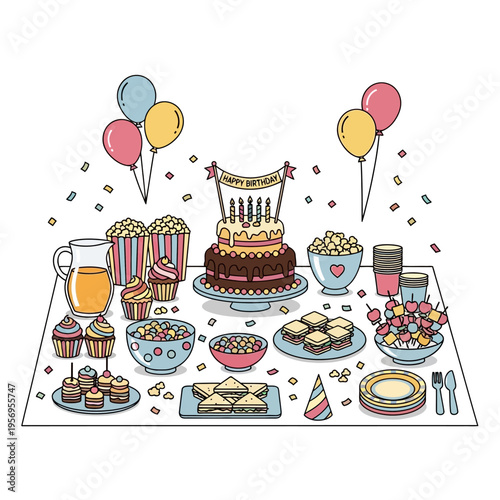 Festive Birthday Party Table Spread with Cake, Balloons, and Snacks