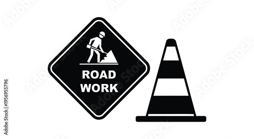 Road work sign and traffic cone depicted in a stark silhouette