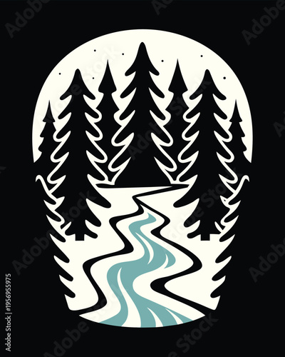 Serene forest landscape with winding river flowing through tall pine trees graphic design