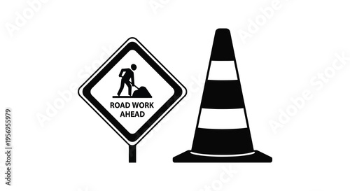 Road work ahead sign and traffic cone a stark black silhouette