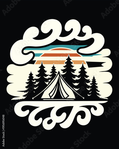 Retro outdoor camping adventure with pine trees and sunset design framed by stylized clouds