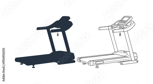 Treadmill illustration displaying a solid and outlined view silhouette