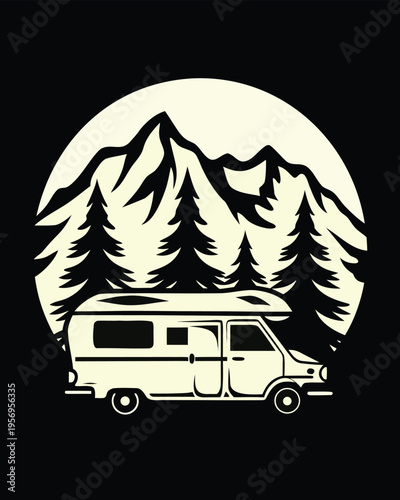 Circular illustration of a camper van traveling through mountains with tall evergreen pine trees