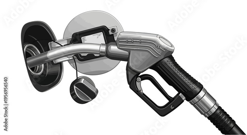 A detailed close-up illustration of a fuel pump nozzle inserted into a car's gas tank opening with the cap hanging.