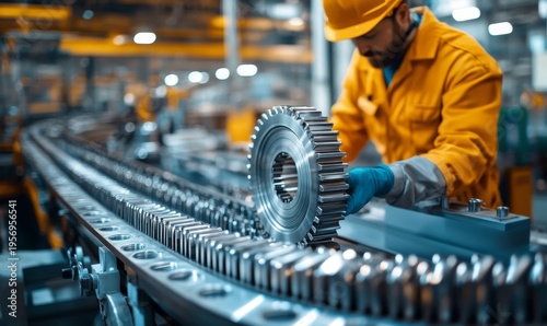 industrial conveyor belt with uniform metal parts, with a worker overseeing the operation in a factory, representing automation in industry, Generative AI