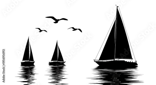 Black silhouette of three sailboats sailing on the calm water with flying seagulls in the sky