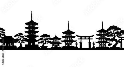 A detailed panoramic silhouette showcasing traditional japanese architecture and bonsai trees