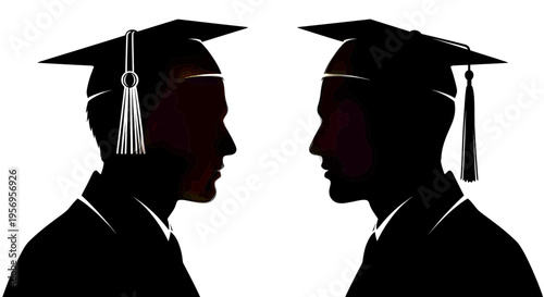 Two silhouettes of graduates facing each other with map textures inside their head profiles