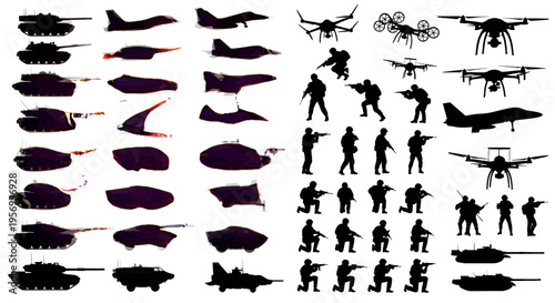 Collection of military silhouettes including tanks, fighter aircraft, drones, and armed soldiers